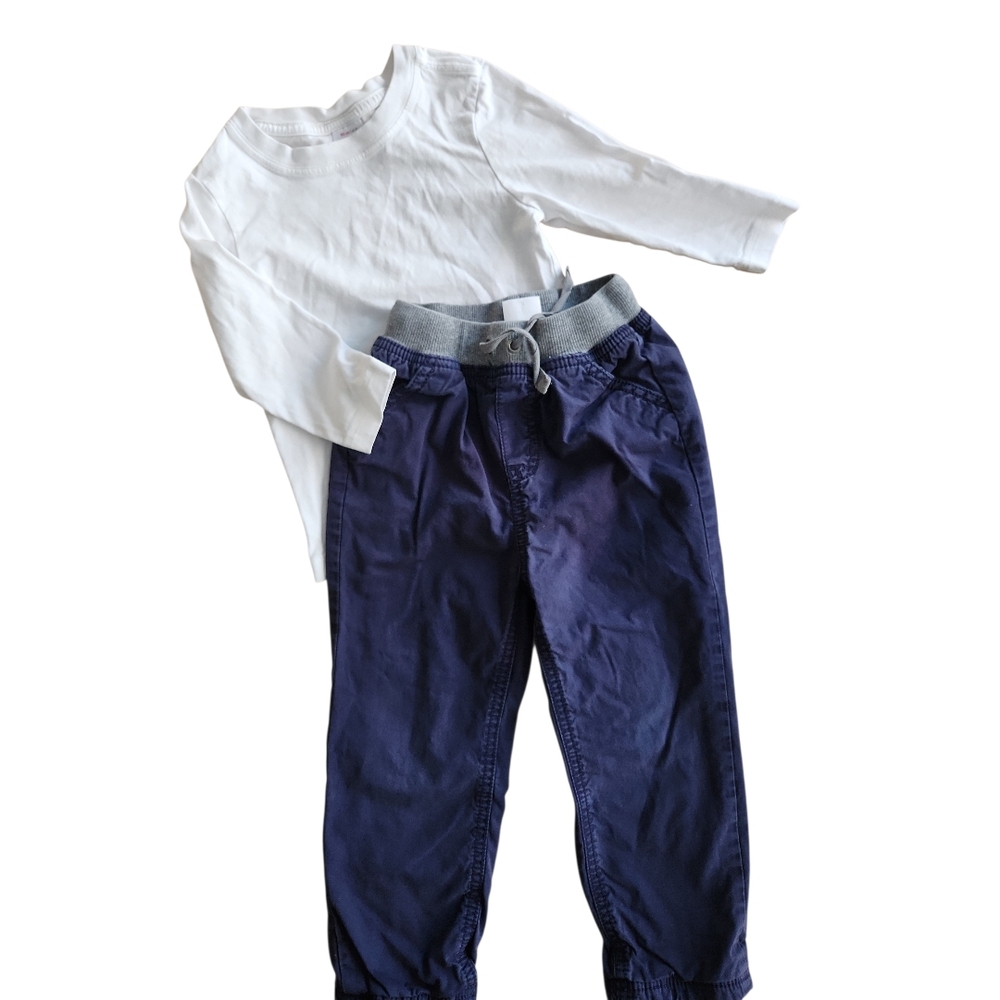 Hanna Andersson Drawstring Waist Pants + Long Sleeve Tee 3T / 90 cm Blue White